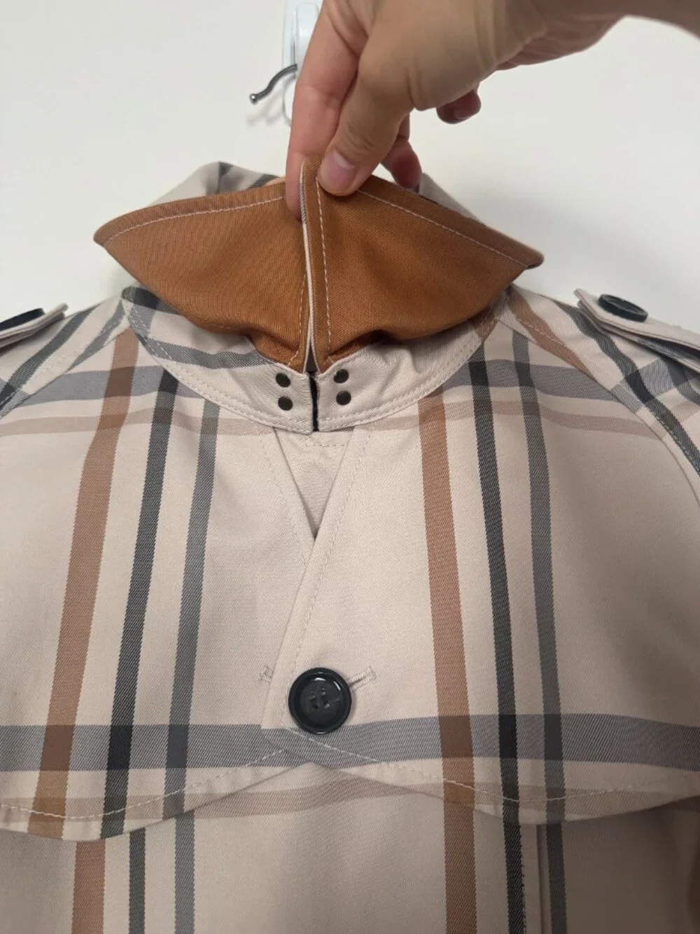 Coach New York tattersall beige plaid trench coat work business light academia